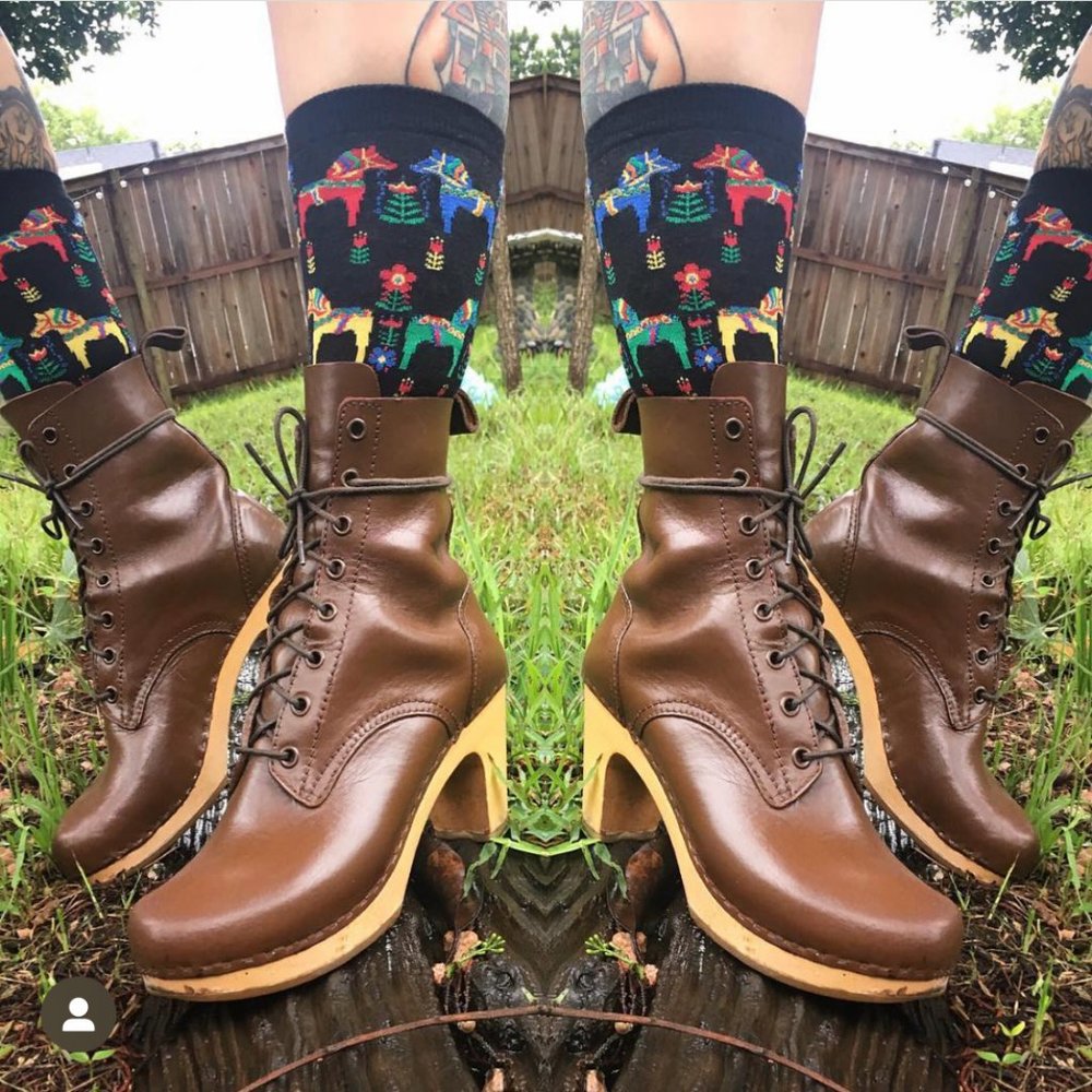 Swedish Hasbeens Brown Leather Lace-Up Platform Clog Boots with Tan Wood Soles